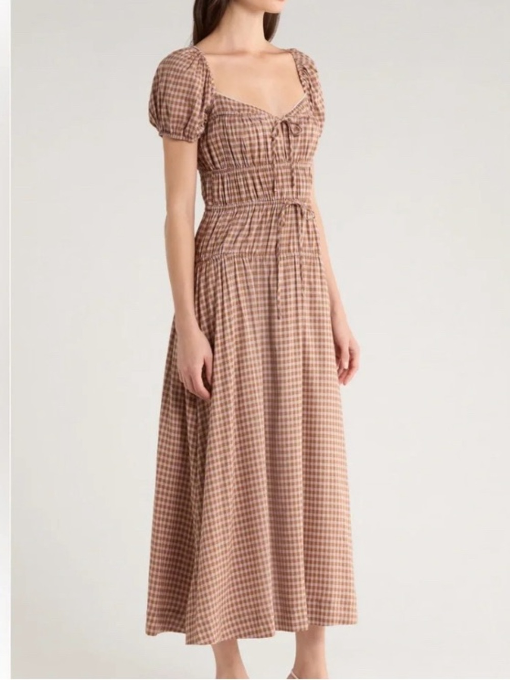 Reformation Beige Brown Gingham Midi Dress with Puff Sleeves